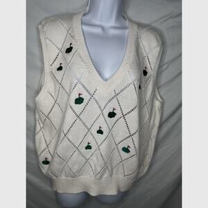 Leon Levin Hand Loomed Knit Golf Sweater Vest V Neck Embroidered Greens Size XL